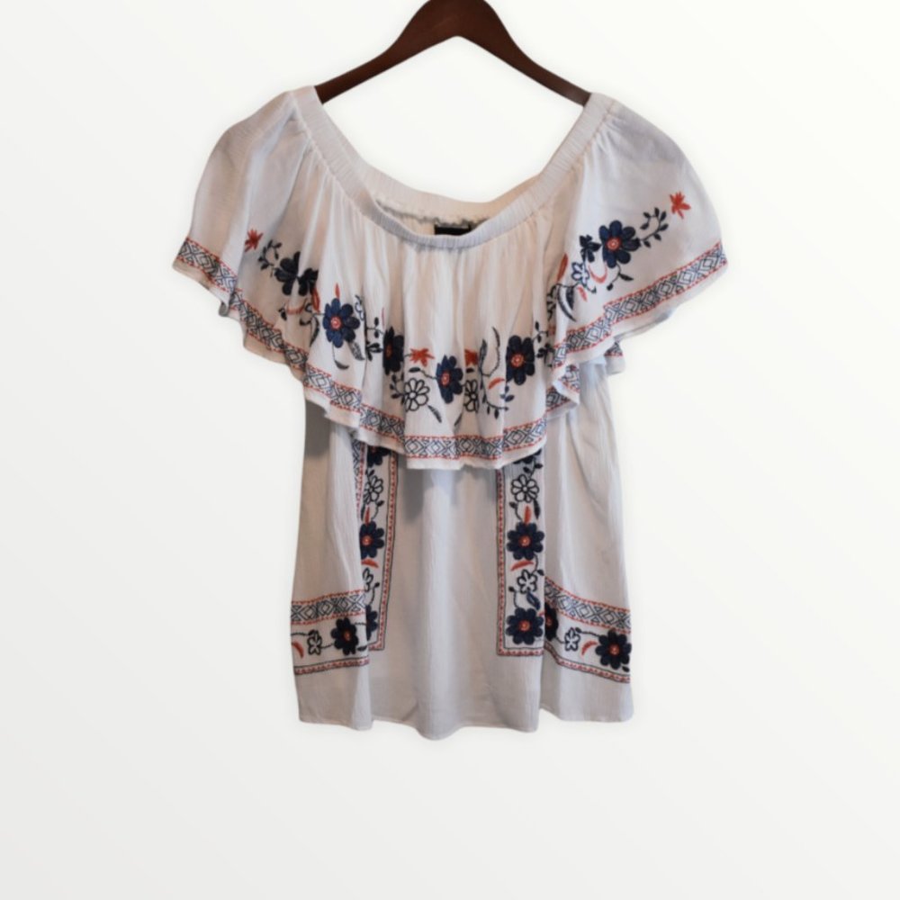 Embroidered off shoulder peasant blouse